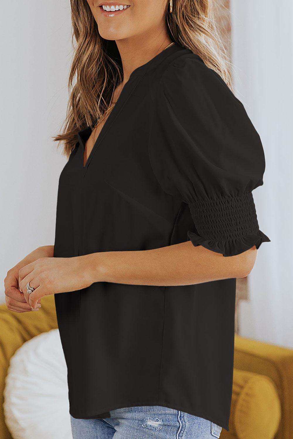 Smocked Flounce Sleeve Notched Neck Blouse - Trendsi - Flyclothing LLC