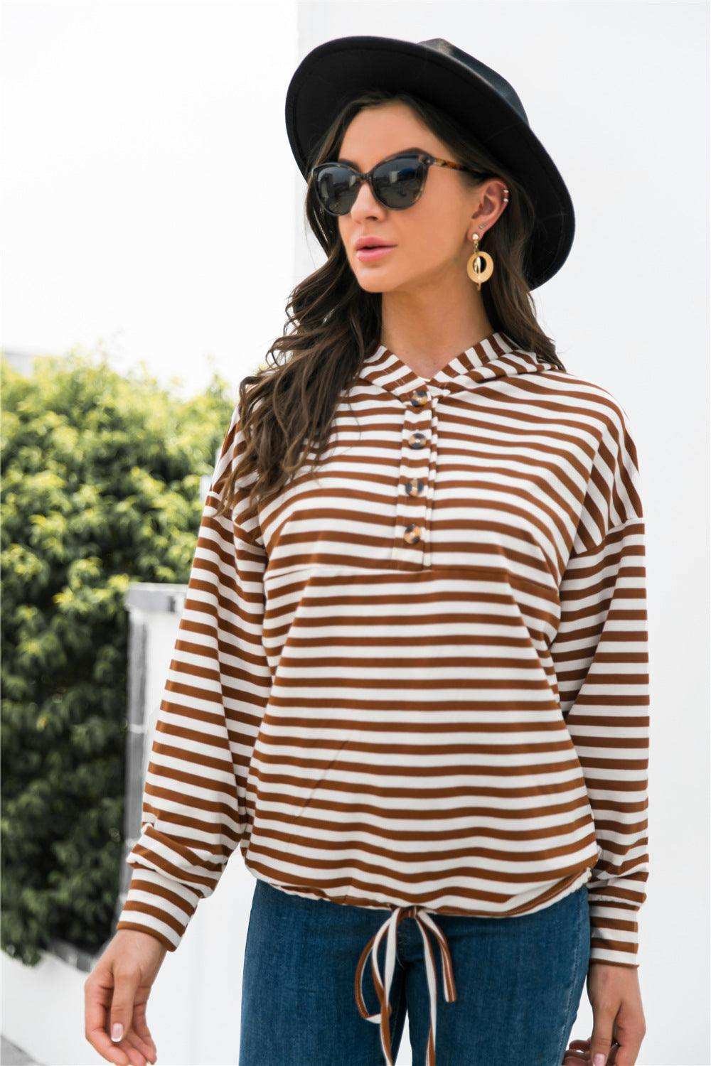 Striped Half-Button Dropped Shoulder Hoodie - Trendsi - Flyclothing LLC