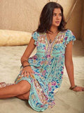 Ruffled Printed Tie Neck Cap Sleeve Dress - Trendsi - Flyclothing LLC