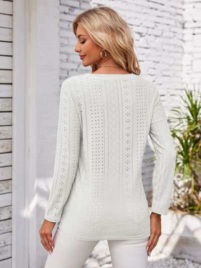 Decorative Button Openwork V-Neck T-Shirt - Trendsi - Flyclothing LLC