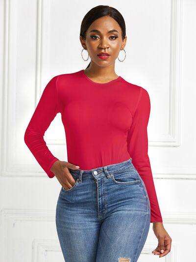 Round Neck Long Sleeve Bodysuit - Trendsi - Flyclothing LLC