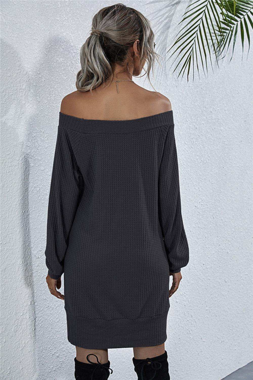 Waffle-Knit Boat Neck Mini Dress - Trendsi - Flyclothing LLC
