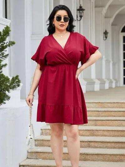 Plus Size Ruched Surplice Flounce Sleeve Mini Dress - Trendsi - Flyclothing LLC
