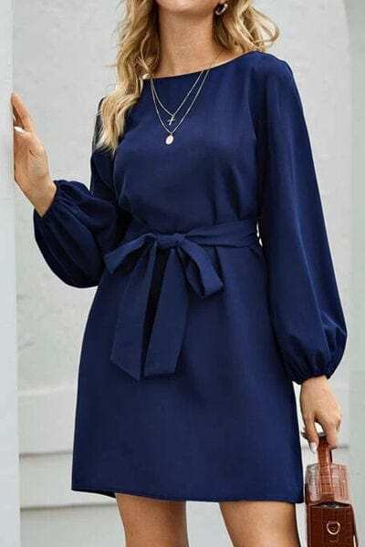 Tied Boat Neck Balloon Sleeve Mini Dress - Trendsi - Flyclothing LLC