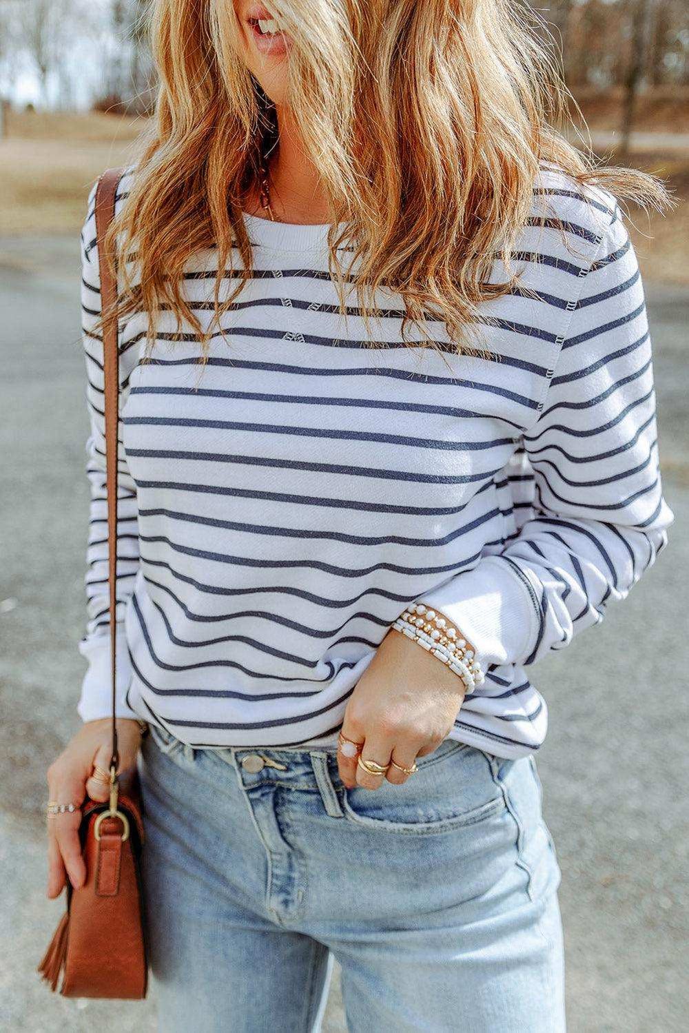 Striped Long Sleeve Round Neck Top - Trendsi - Flyclothing LLC