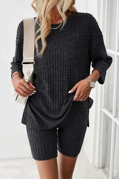 Ribbed Round Neck Top and Shorts Set - Trendsi - Flyclothing LLC