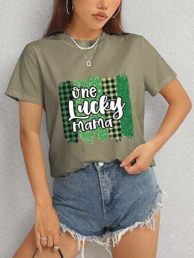 ONE LUCKY MAMA Round Neck T-Shirt - Trendsi - Flyclothing LLC