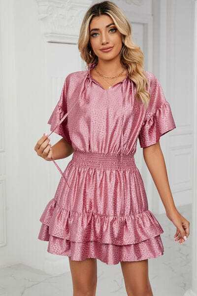 Smocked Tie Neck Flounce Sleeve Dress - Trendsi - Flyclothing LLC