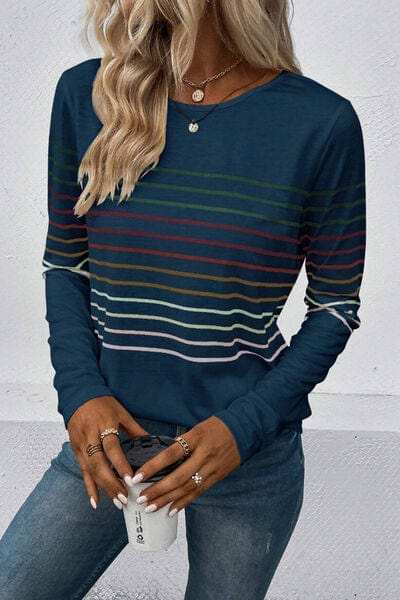 Striped Round Neck Long Sleeve T-Shirt - Trendsi - Flyclothing LLC
