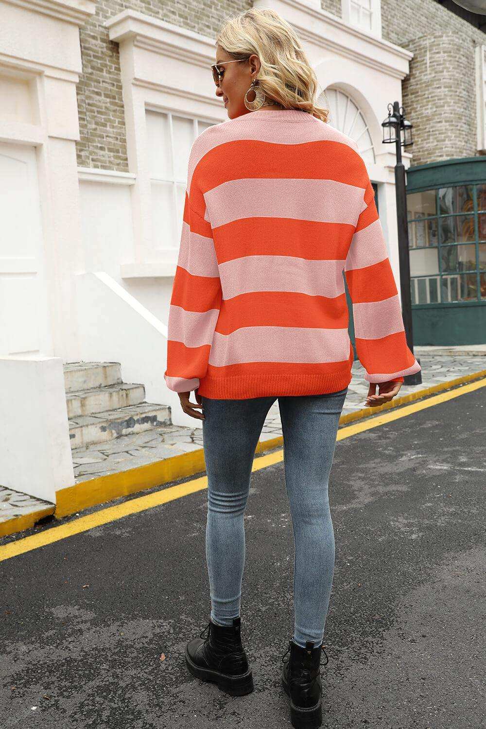 Striped Balloon Sleeve Knit Pullover - Trendsi - Flyclothing LLC