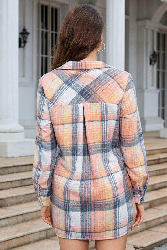 Collared Neck Long Sleeve Plaid Pocketed Shirt - Trendsi - Flyclothing LLC