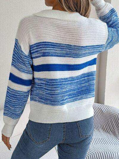 Striped Collared Neck Long Sleeve Sweater - Trendsi - Flyclothing LLC