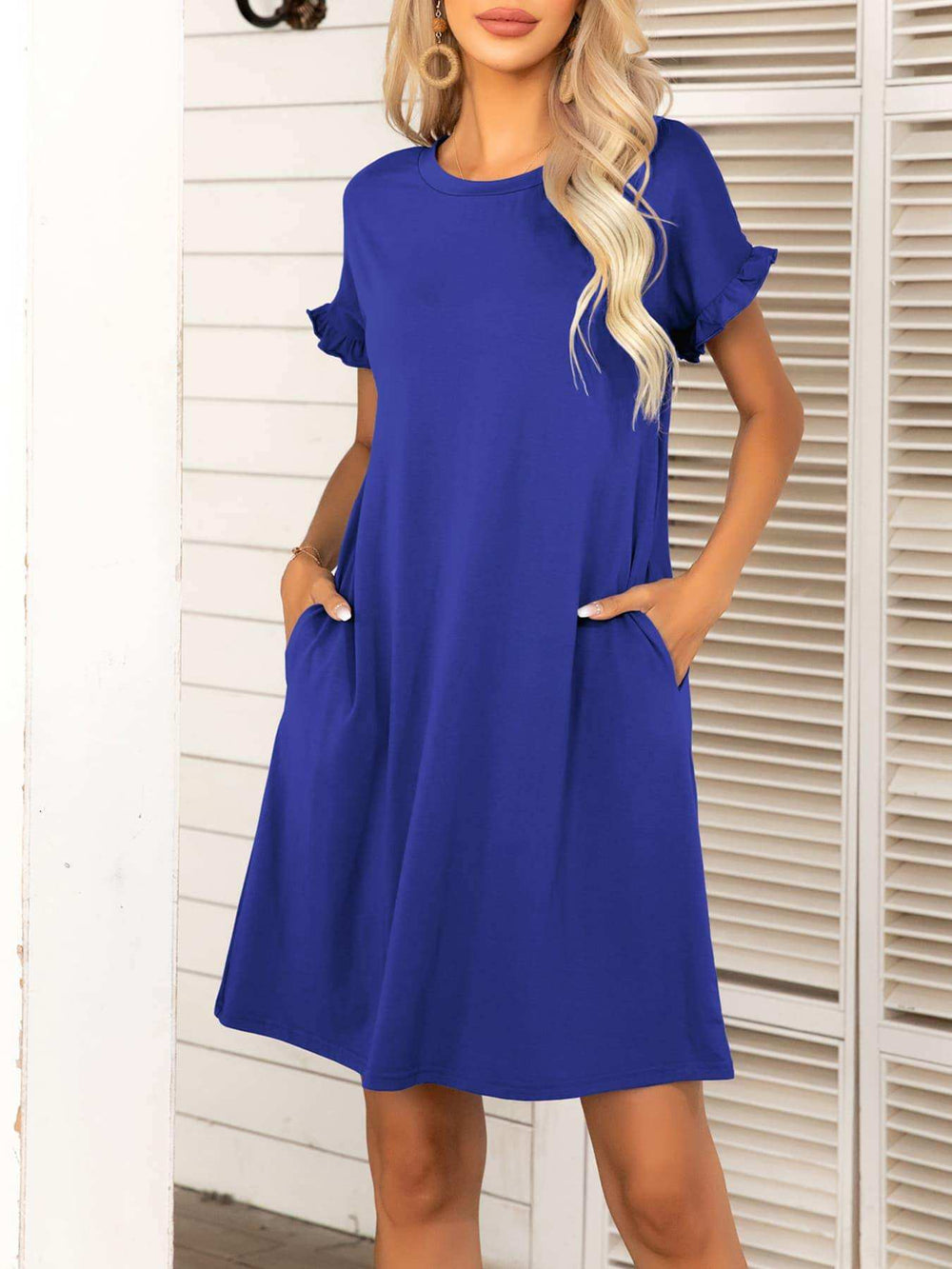 Round Neck Flounce Sleeve Dress with Pockets - Trendsi - Flyclothing LLC