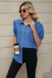 Puff Sleeve Collared Denim Top - Trendsi - Flyclothing LLC