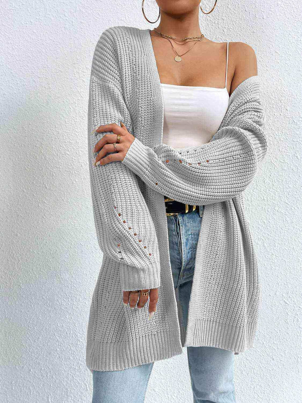 Open Front Dropped Shoulder Slit Cardigan - Trendsi - Flyclothing LLC
