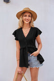 Buttoned V-Neck Ruffle Trim Top - Trendsi - Flyclothing LLC