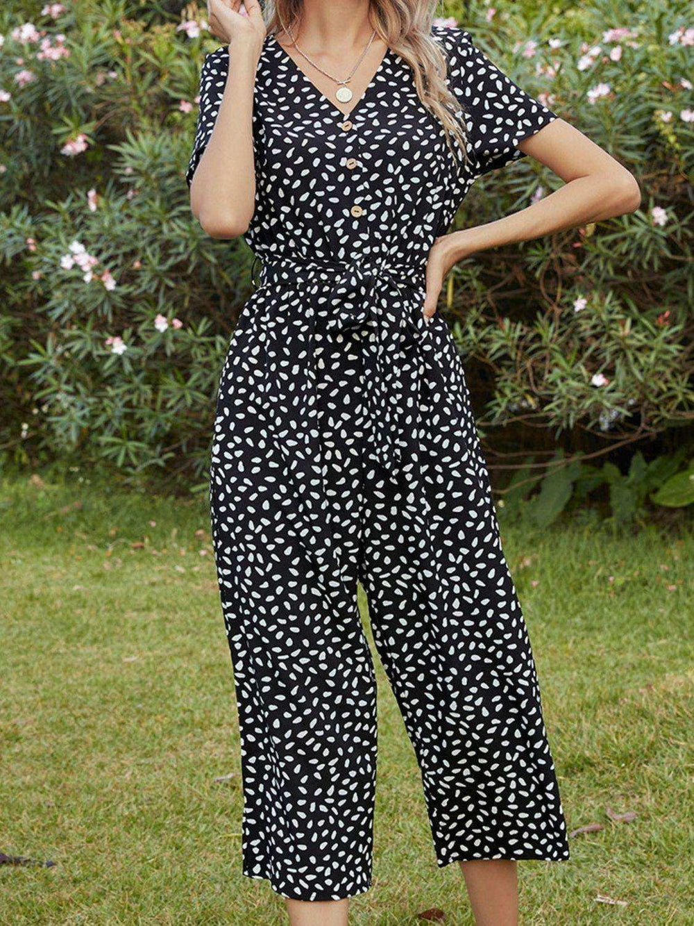 Printed V-Neck Short Sleeve Jumpsuit - Trendsi - Flyclothing LLC