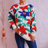 Floral Print Round Neck Drop Shoulder Sweater - Trendsi - Flyclothing LLC
