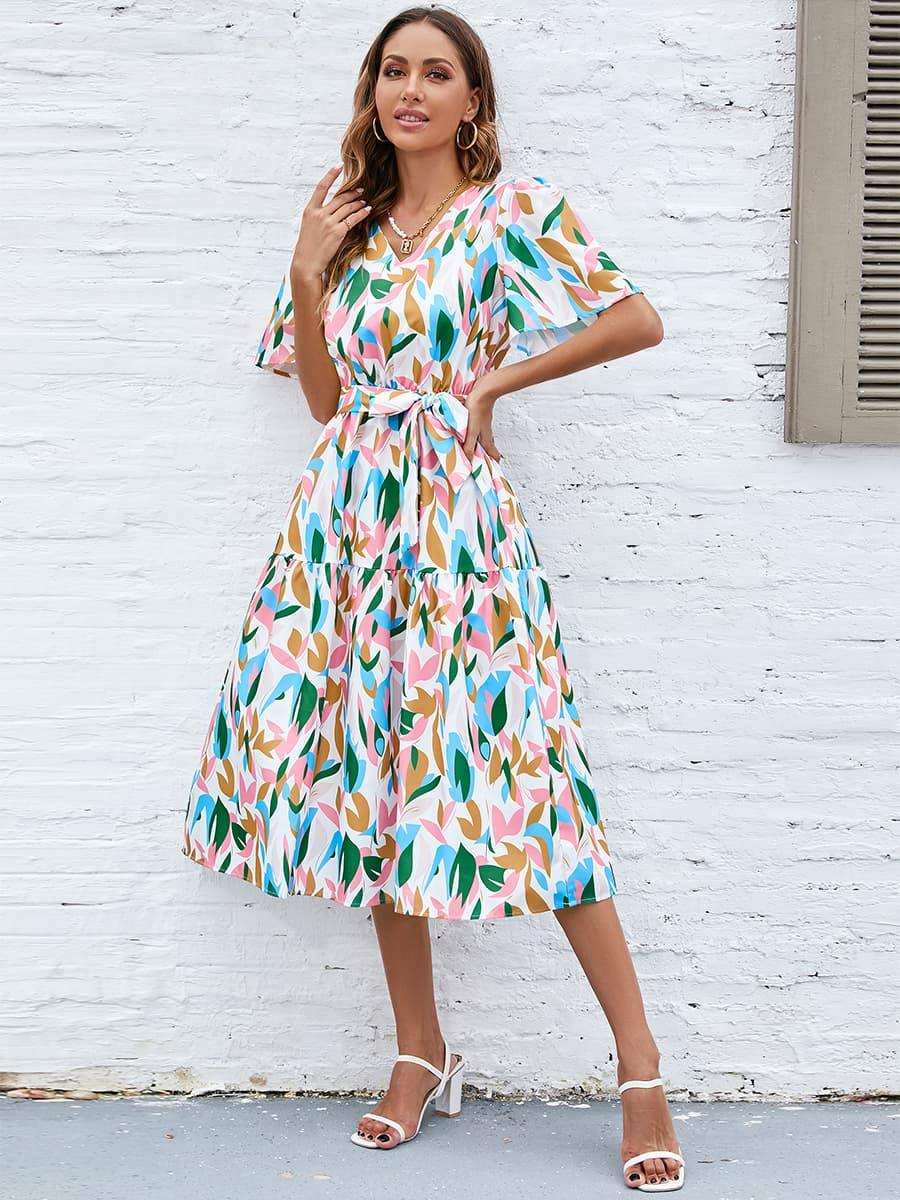 Printed Tie-Waist V-Neck Flutter Sleeve Dress - Trendsi - Flyclothing LLC