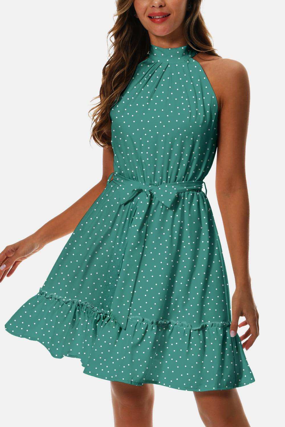 Printed Tie Waist Frill Trim Dress - Trendsi - Flyclothing LLC