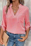 Striped Notched Roll-Tab Sleeve Shirt - Trendsi - Flyclothing LLC