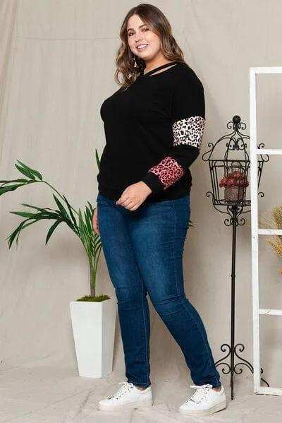 Plus Size Leopard Dropped Shoulder Long Sleeve T-Shirt - Trendsi - Flyclothing LLC