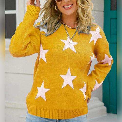 Star Pattern Round Neck Sweater - Trendsi - Flyclothing LLC