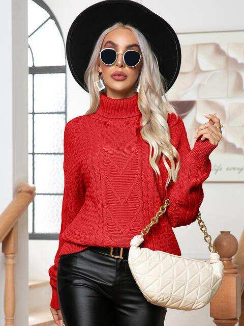 Turtleneck Cable-Knit Long Sleeve Sweater - Trendsi - Flyclothing LLC