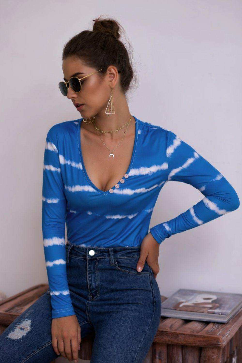 Tie-Dye Plunge Long Sleeve Top - Trendsi - Flyclothing LLC