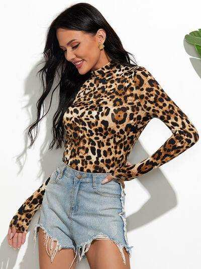 Leopard Mock Neck Long Sleeve T-Shirt - Trendsi - Flyclothing LLC