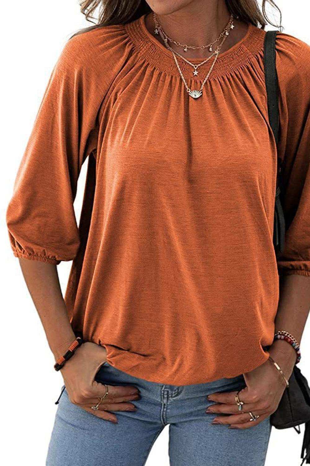 Gathered Detail Round Neck T-Shirt - Trendsi - Flyclothing LLC