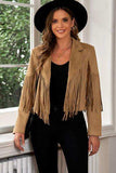 Fringe Trim Lapel Collar Cropped Blazer - Trendsi - Flyclothing LLC