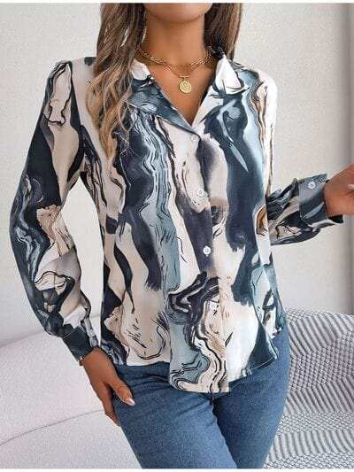 Printed Button Up Long Sleeve Shirt - Trendsi - Flyclothing LLC