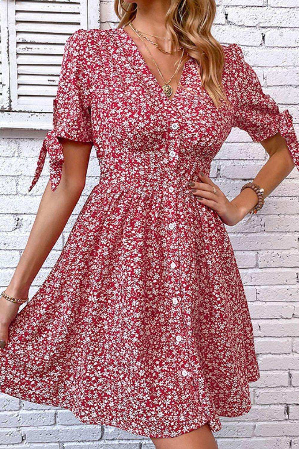 Ditsy Floral Tied Puff Sleeve Button Front Dress - Trendsi - Flyclothing LLC