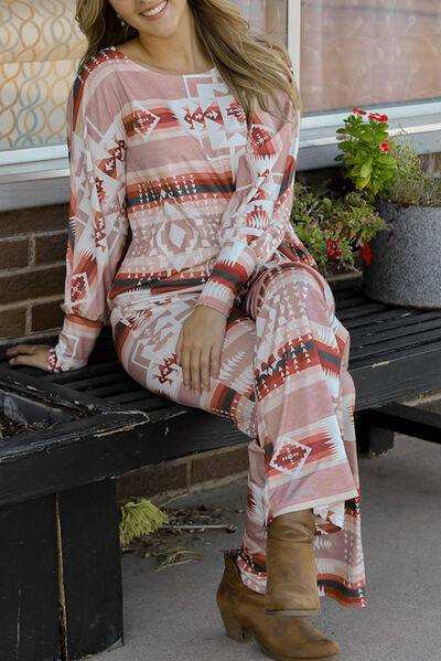 Geometric Top and Drawstring Pants Lounge Set - Trendsi - Flyclothing LLC