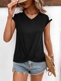 Spliced Lace V-Neck Twisted Hem Tee - Trendsi - Flyclothing LLC