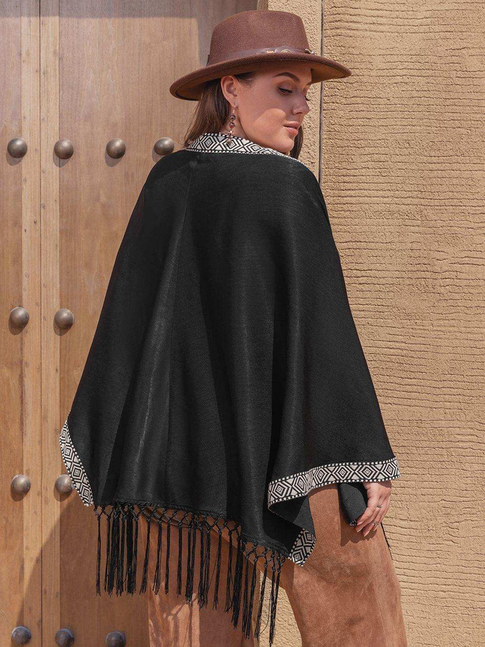 Plus Size Geometric Open Front Fringe Hem Cardigan - Trendsi - Flyclothing LLC