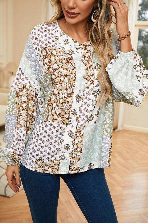 Printed Button Up Long Sleeve Shirt - Trendsi - Flyclothing LLC
