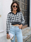 Houndstooth Johnny Collar Cropped Sweater - Trendsi - Flyclothing LLC