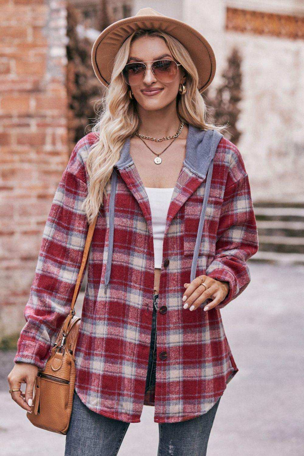 Plaid Dropped Shoulder Hooded Longline Jacket - Trendsi - Flyclothing LLC