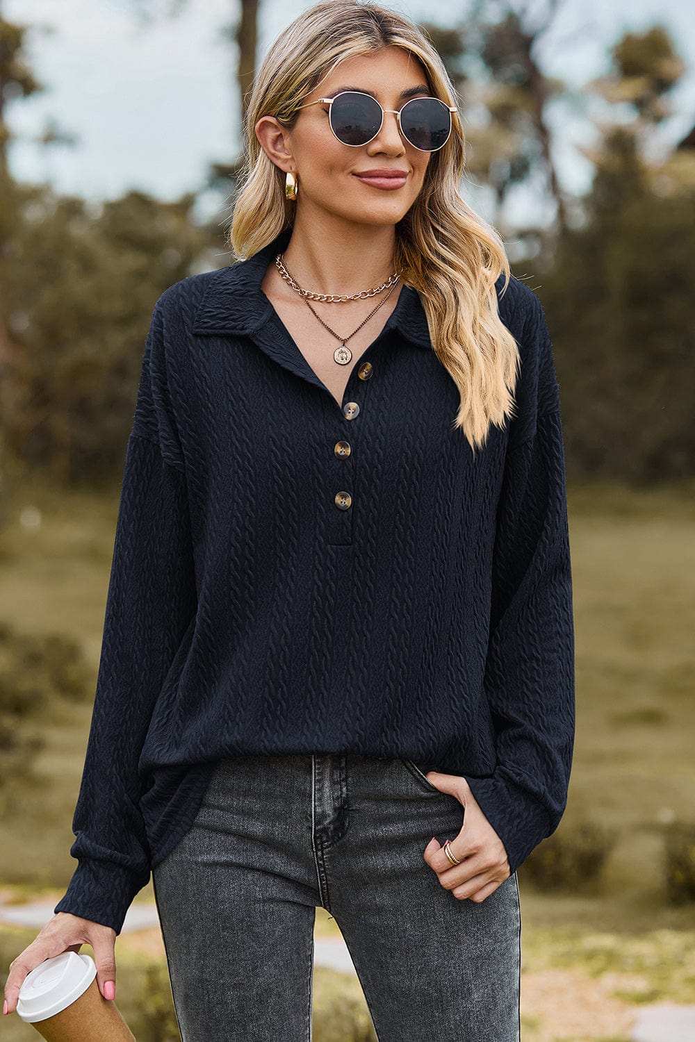 Half Button Dropped Shoulder Blouse - Trendsi - Flyclothing LLC