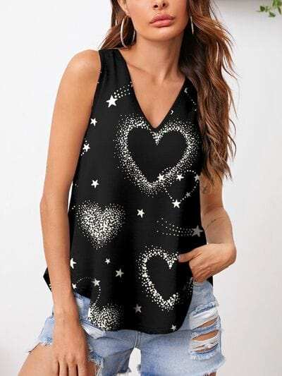 Heart Printed V-Neck Tank - Trendsi - Flyclothing LLC