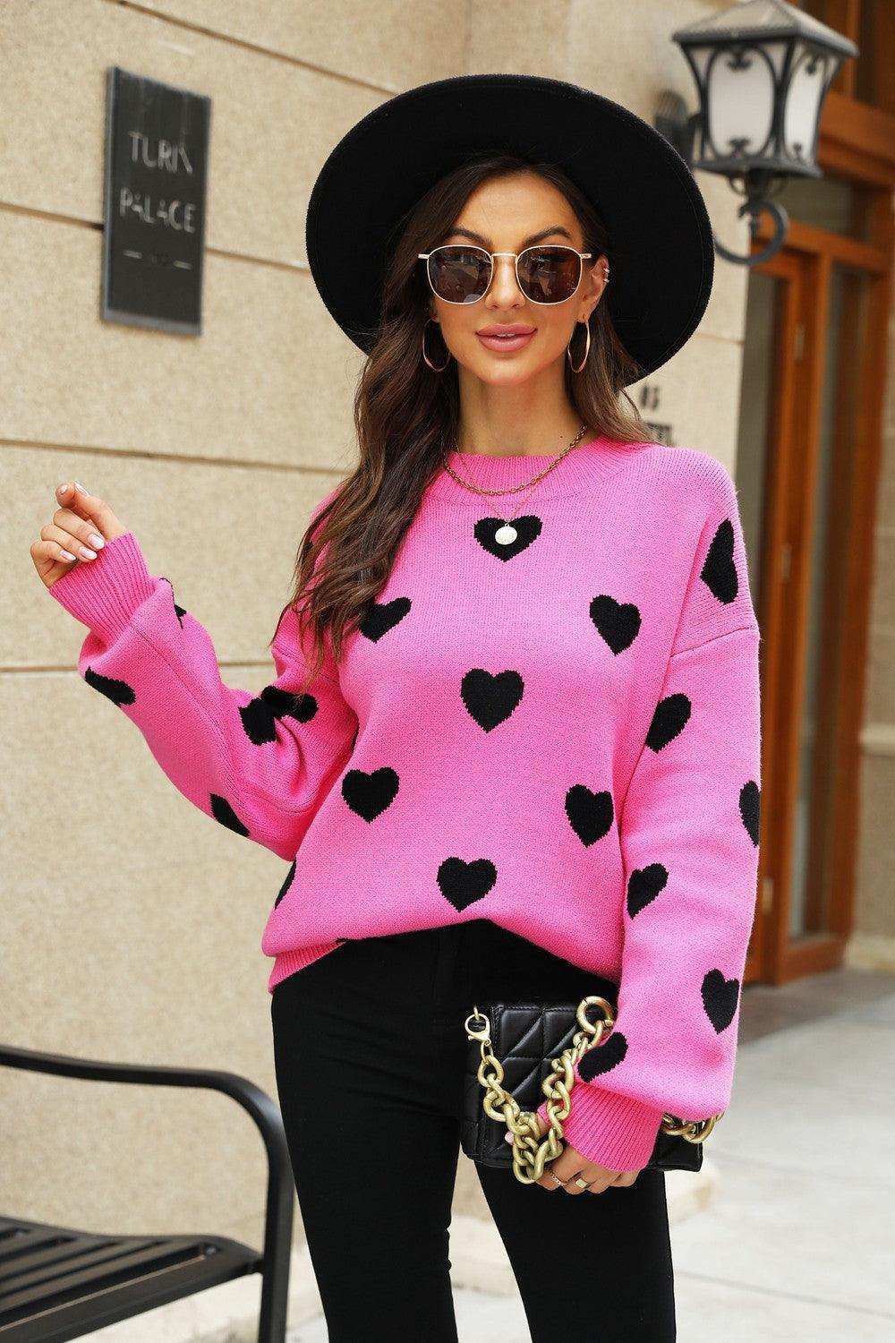 Heart Pattern Lantern Sleeve Round Neck Tunic Sweater - Trendsi - Flyclothing LLC