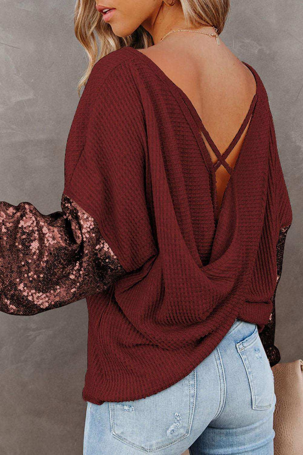 Sequin Waffle-Knit Blouse - Trendsi - Flyclothing LLC