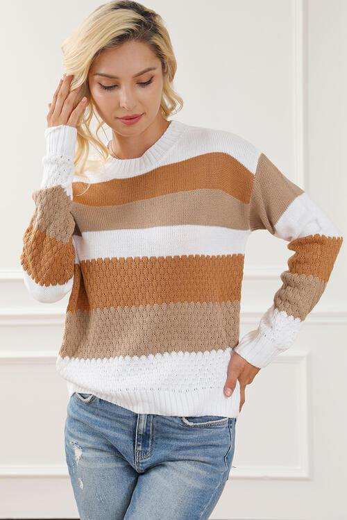 Striped Round Neck Long Sleeve Knit Top - Trendsi - Flyclothing LLC