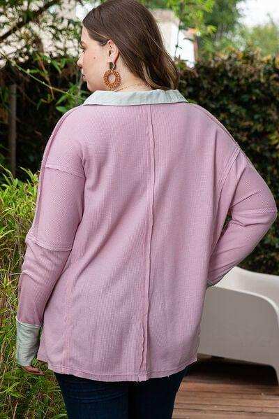 Plus Size Exposed Seam Johnny Collar Long Sleeve T-Shirt - Trendsi - Flyclothing LLC