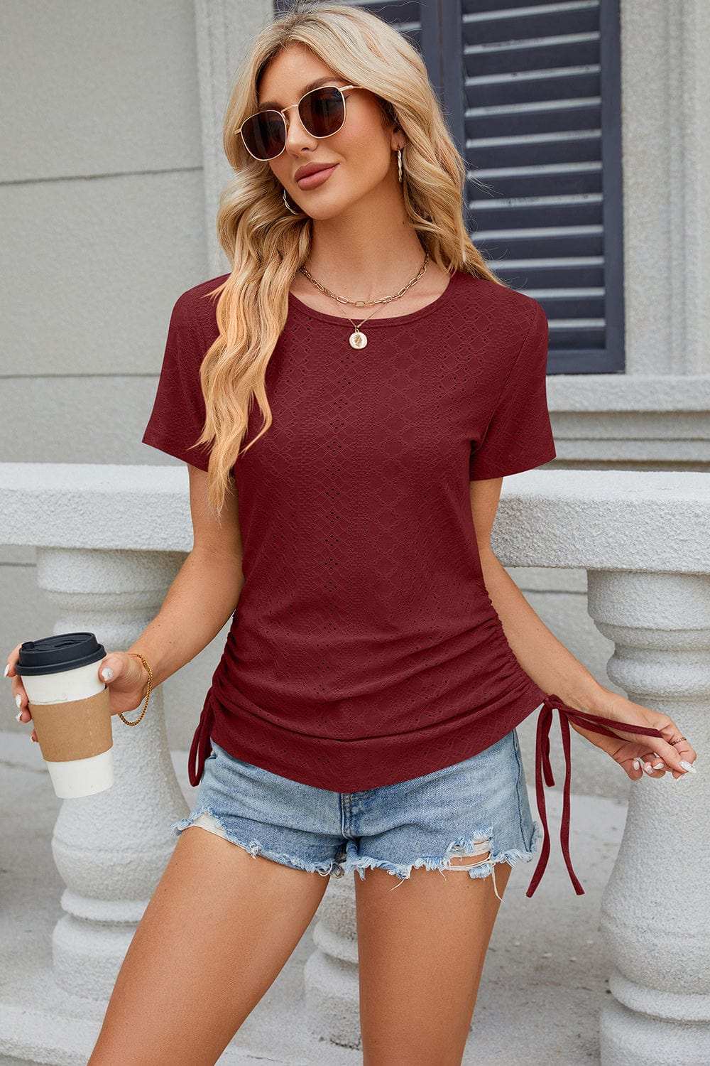 Eyelet Round Neck Short Sleeve T-Shirt - Trendsi - Flyclothing LLC