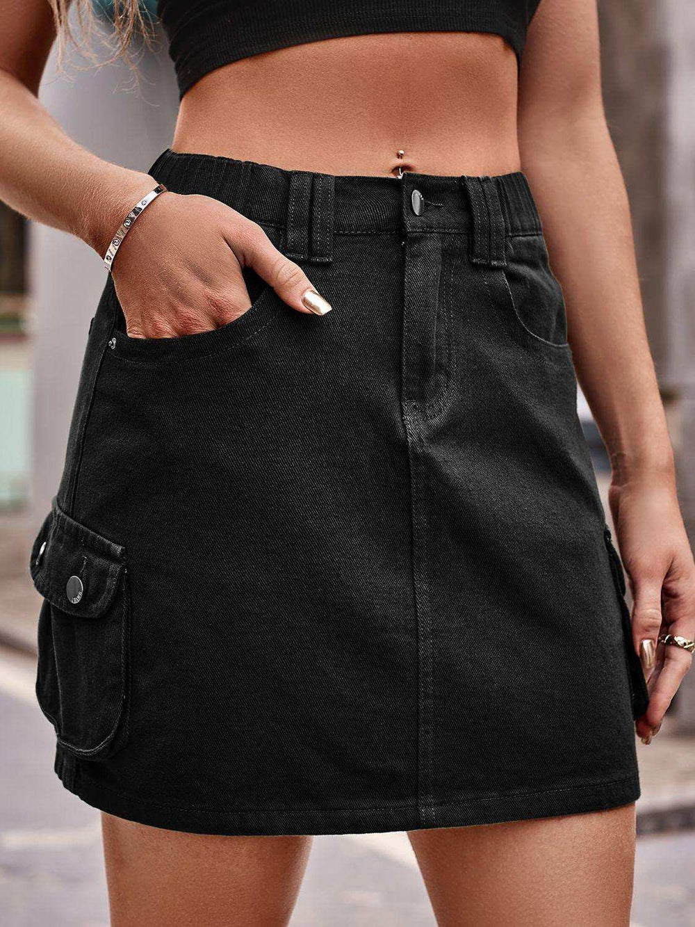 Denim Mini Skirt with Pockets - Trendsi - Flyclothing LLC