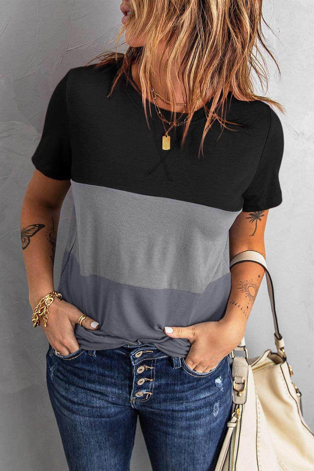 Color Block Side Slit Round Neck T-Shirt - Trendsi - Flyclothing LLC