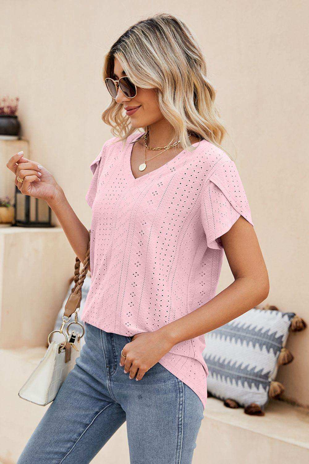 Eyelet Petal Sleeve V-Neck Knit Top - Trendsi - Flyclothing LLC